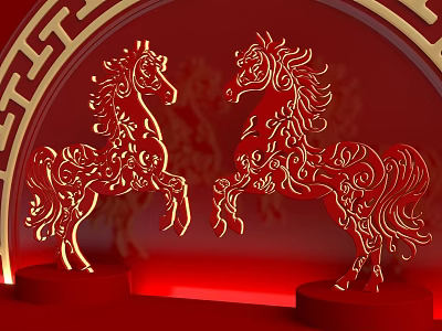 Commercial Outdoor Space Featuring Red Background Golden Horse Sculptures Chinese Patterns And Arch Design 3d model