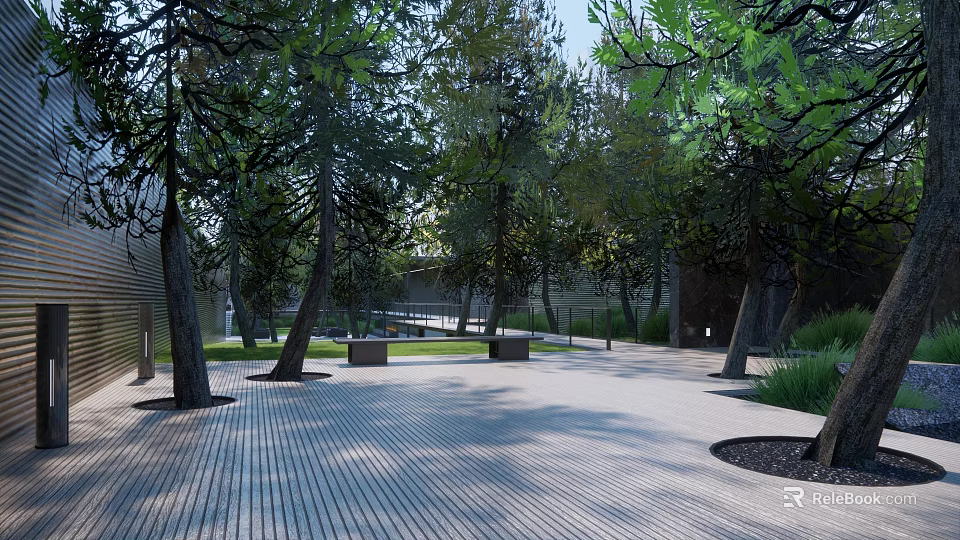 Modern Entrance Gate In Landscaped Area With Trees Benches And Paved Walkway 3d model 