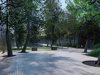 Modern Entrance Gate In Landscaped Area With Trees Benches And Paved Walkway 3d model
