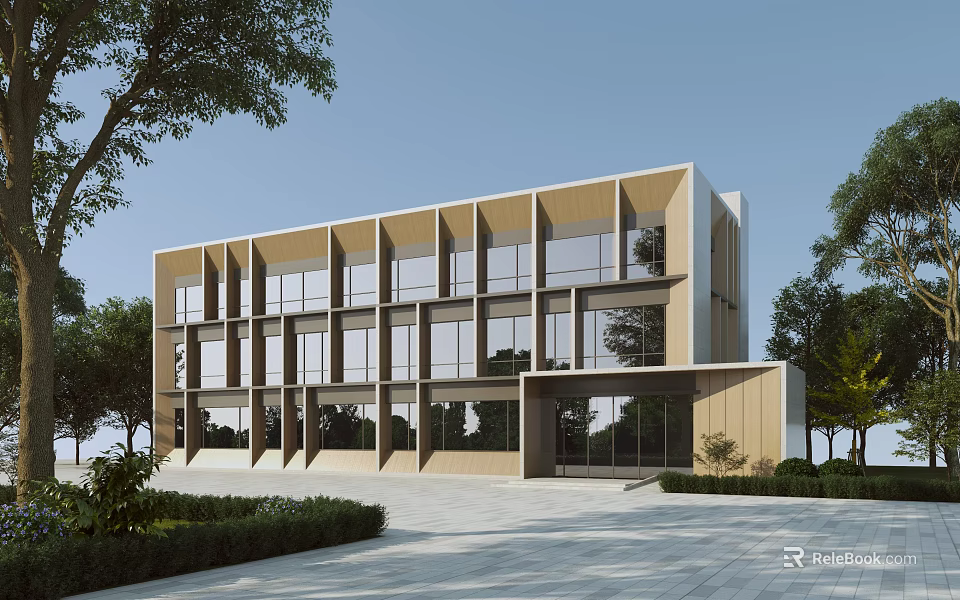 Modern Office Building With Large Glass Windows For Natural Light And Greenery 3d model 
