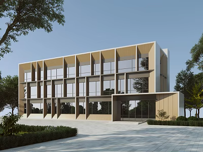 Modern Office Building With Large Glass Windows For Natural Light And Greenery 3d model