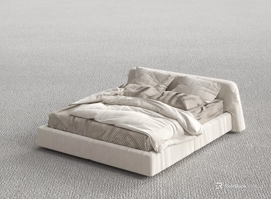Modern Cozy Double Bed With Upholstered Frame Plush Pillows And Soft Bedding 3d model 