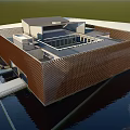 Modern Brown Museum Building With Perforated Facade Water Reflection And Blue Sky White Clouds