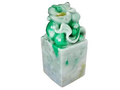 Green Jade Pi Xiu Carving Seal With Square Base And Intricate Details 3d model