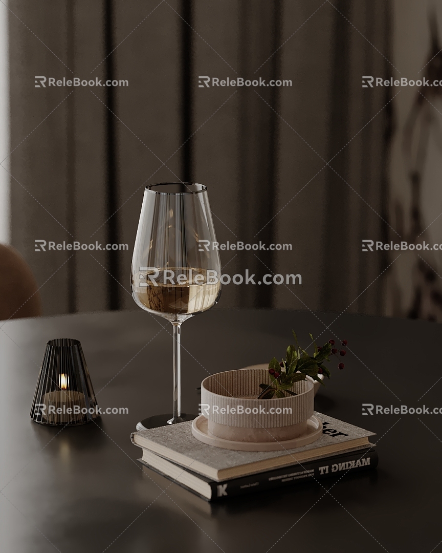 Ornaments combination goblet water glass wine glass book 3d model