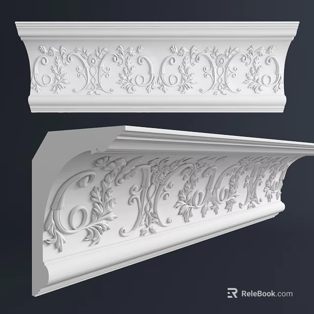 Elegant White Decorative Cornice Molding Featuring Intricate Floral Patterns Design 3d model 