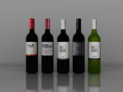 Wine Bottles and Glasses in Various Colors Displayed on Gray Background with Reflections 3d model