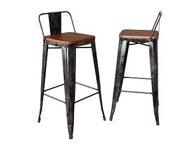 Black Metal Frame Bar Stools With Brown Wooden Seat And Backrest 3d model