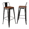Black Metal Frame Bar Stools With Brown Wooden Seat And Backrest