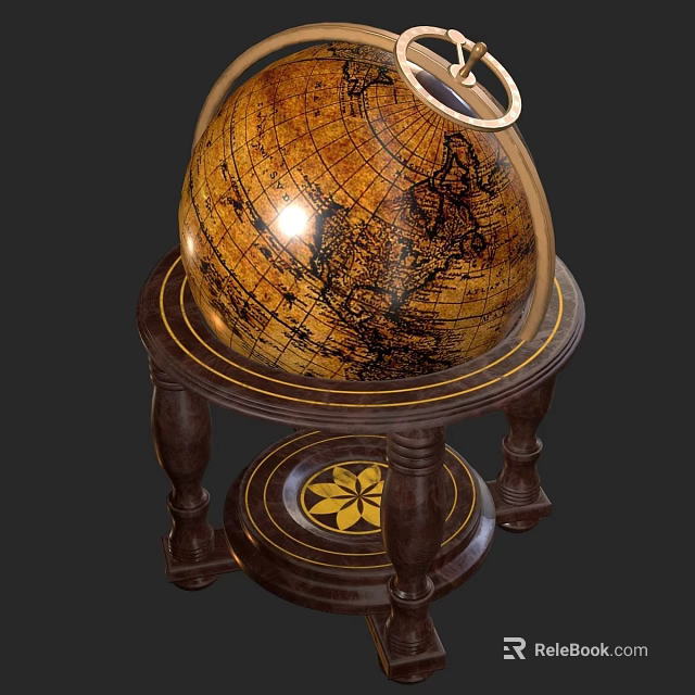 Vintage Globe Decorative Ornament Set With Wooden Base And Carved Gold Accents 3d model 