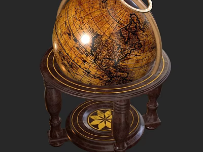 Vintage Globe Decorative Ornament Set With Wooden Base And Carved Gold Accents 3d model
