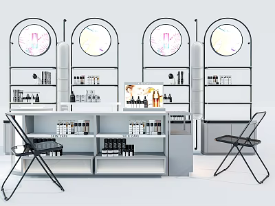 Modern Metal Frame Shelving Units With Display Bottles And Chairs In Retail Space 3d model