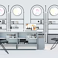 Modern Metal Frame Shelving Units With Display Bottles And Chairs In Retail Space