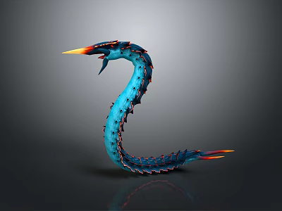 Blue 3D Fantasy Serpent With Flaming Head Spiked Body Fiery Tail 3d model