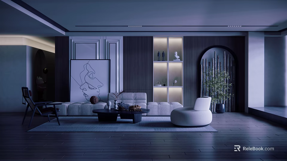 Modern Living Room Interior With Sofa Coffee Table Decorative Painting And Arch Design 3d model 