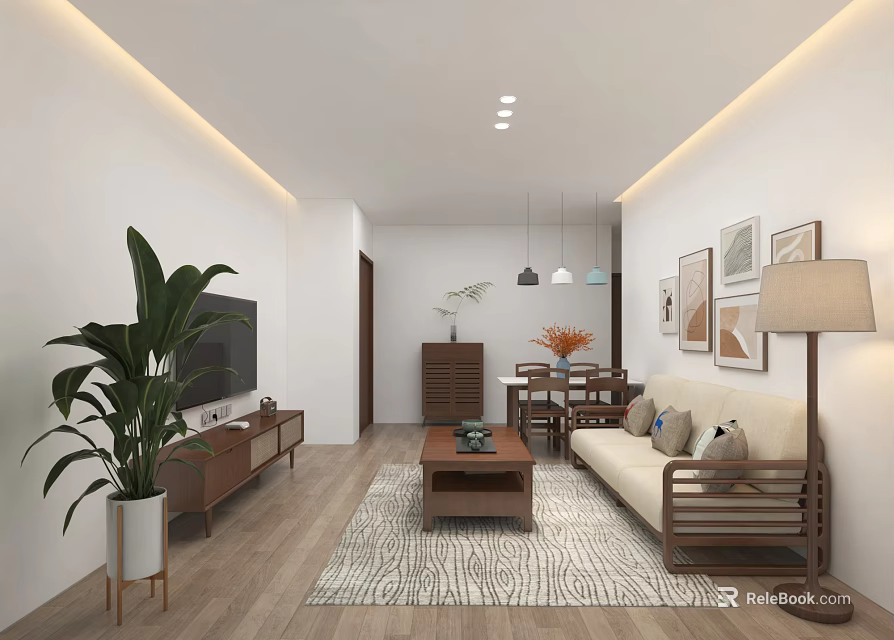Modern Living Dining Interior with Sofa Coffee Table TV Stand Decorative Paintings and Wooden Flooring 3d model 