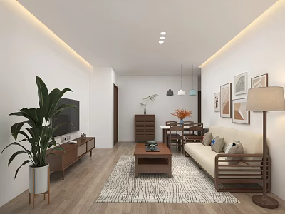 Modern Living Dining Interior with Sofa Coffee Table TV Stand Decorative Paintings and Wooden Flooring 3d model