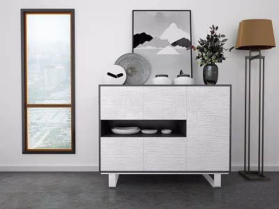 White Modern Sideboard In Interior With Window View Wall Art And Decorative Items 3d model