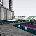 Modern Pergola Design With High Rise Buildings Colorful Landscape And Geometric Paving