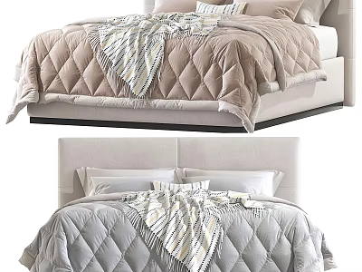 Modern Double Bed Interior With Quilted Comforter Striped Blanket And Light Colored Headboard 3d model