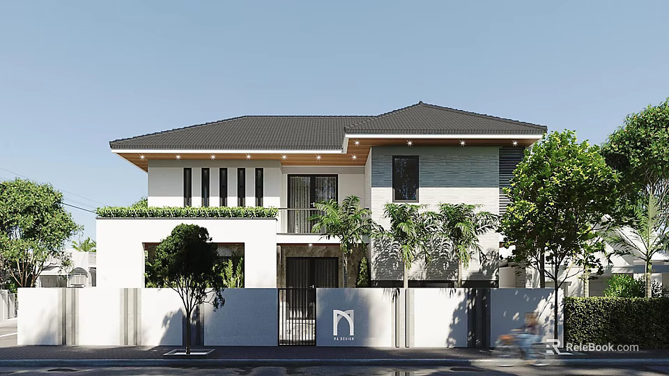 Modern Detached House With Black Roof White Walls Windows White Fence And Green Trees 3d model 