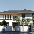 Modern Detached House With Black Roof White Walls Windows White Fence And Green Trees