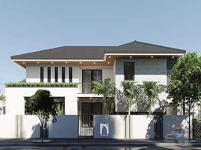 Modern Detached House With Black Roof White Walls Windows White Fence And Green Trees 3d model