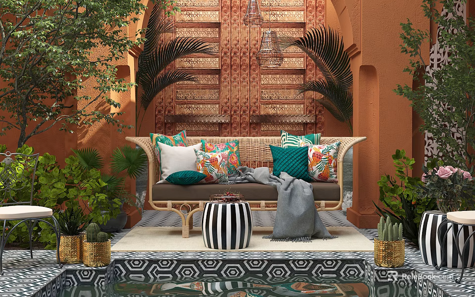 Moroccan Rattan Sofa Set with Colorful Cushions Green Plants Geometric Floor Tiles Against Orange Wall 3d model 