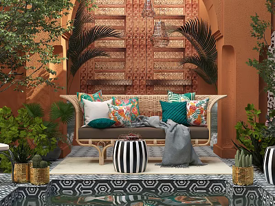 Moroccan Rattan Sofa Set with Colorful Cushions Green Plants Geometric Floor Tiles Against Orange Wall 3d model