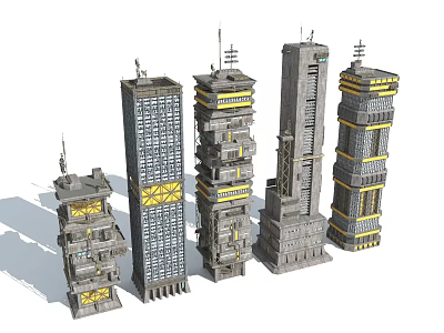 Detailed High-rise Building Models With Various Designs Antennas And Yellow Decorations 3d model