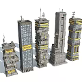 Detailed High-rise Building Models With Various Designs Antennas And Yellow Decorations