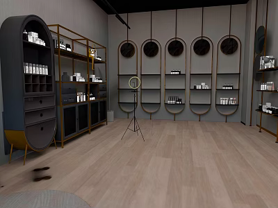 Modern Interior Design With Circular Wall Decorations And Wooden Floor Display Shelves 3d model