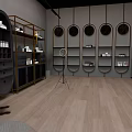 Modern Interior Design With Circular Wall Decorations And Wooden Floor Display Shelves