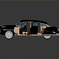 Vintage Black Car with Open Doors Shiny Exterior Chrome Details and Brown Interior