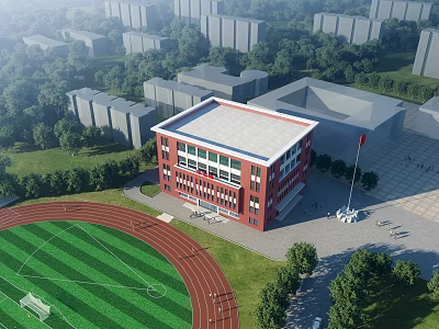 Red Exterior School Building With White Roof Green Playground Track Trees And Flagpole 3d model