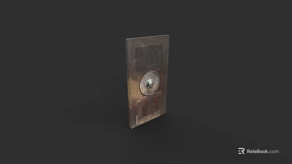 Vintage Wooden Door With Round Metal Decoration And Distressed Surface 3d model 