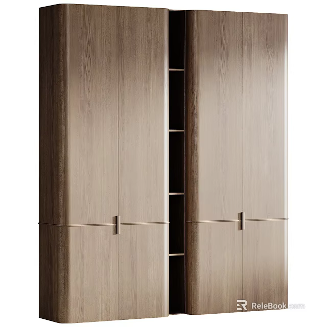 Modern Wooden Wardrobe With Double Doors Open Shelves And Metal Handles 3d model 