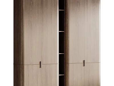 Modern Wooden Wardrobe With Double Doors Open Shelves And Metal Handles 3d model
