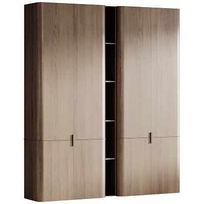 Modern Wooden Wardrobe With Double Doors Open Shelves And Metal Handles 3d model