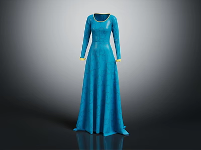 Elegant Blue Long Sleeve Dress with Yellow Cuffs and Flowing Silhouette 3d model