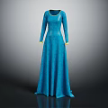 Elegant Blue Long Sleeve Dress with Yellow Cuffs and Flowing Silhouette