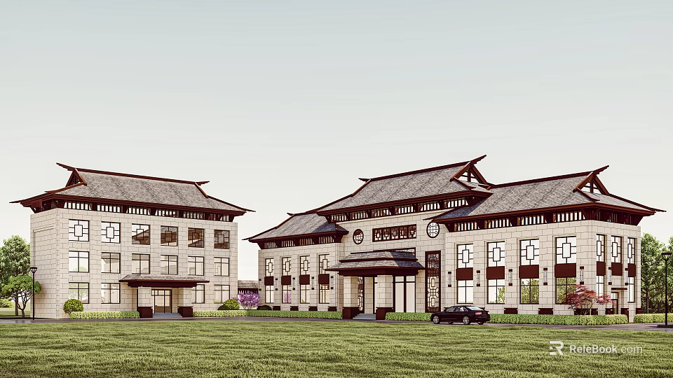 Traditional Style Office Building With Symmetric Stone Facade Grassland And Classic Roof 3d model 