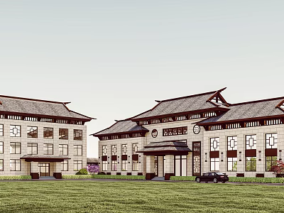 Traditional Style Office Building With Symmetric Stone Facade Grassland And Classic Roof 3d model