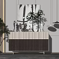 Stylish Modern Entryway Console Cabinet With Striped Design Decorative Sculptures And Potted Plant