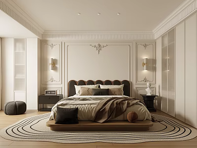 Modern Bedroom Interior With Ornate Wall Panels Upholstered Bed Nightstands And Circular Rug 3d model