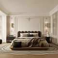 Modern Bedroom Interior With Ornate Wall Panels Upholstered Bed Nightstands And Circular Rug