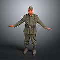Man in military uniform standing with arms outstretched against gray background
