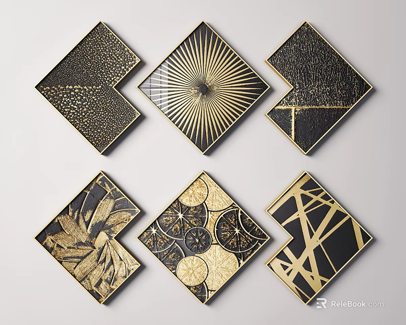 Elegant Diamond Shaped Decorative Plates With Black And Gold Artistic Patterns 3d model