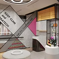 Bright Pink And Black Shoe Store Interior With Display Shelves And White Seating