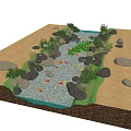 Waterfront Landscape Design With Stream Rocks Green Plants And Red Fish 3d model
